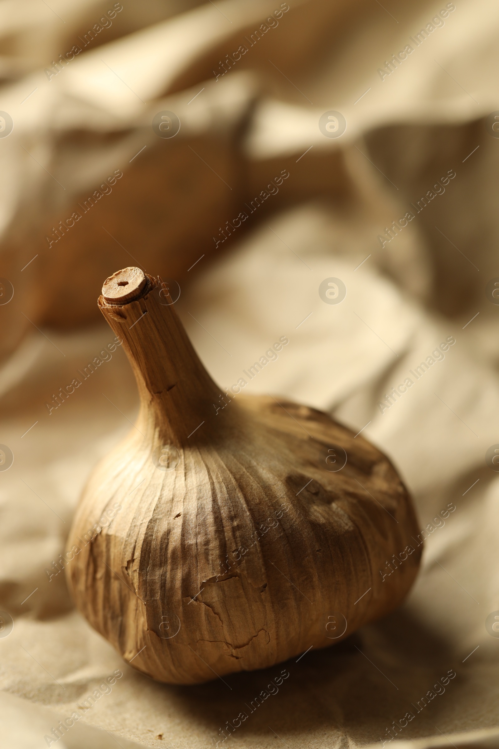 Photo of Bulb of raw garlic on crumpled beige paper, closeup