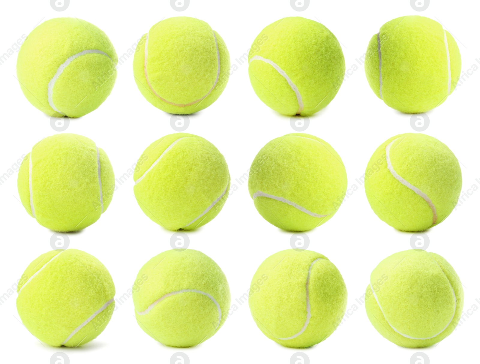 Image of Bright tennis ball isolated on white, collage