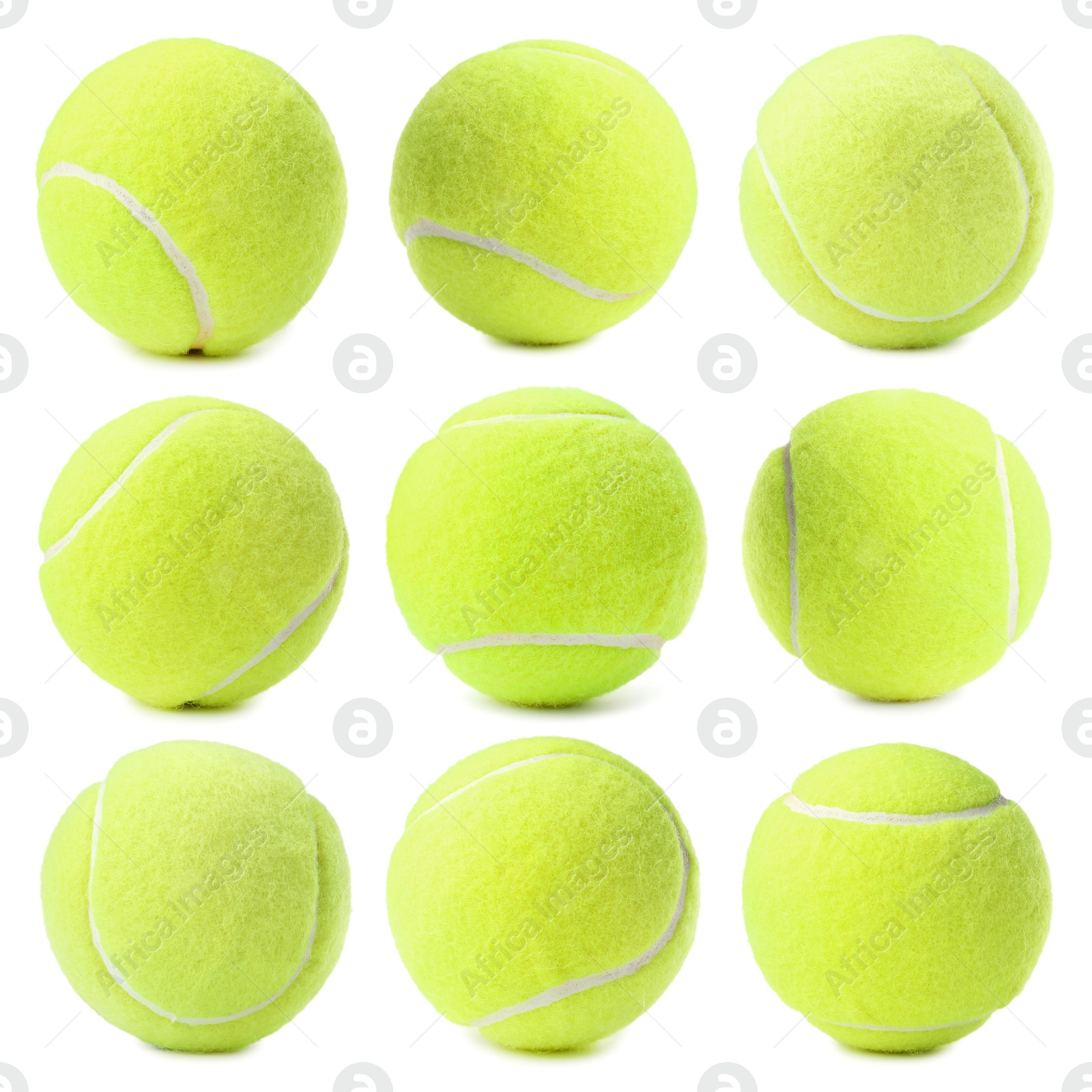 Image of Bright tennis ball isolated on white, collage