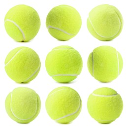 Image of Bright tennis ball isolated on white, collage