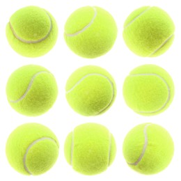 Image of Bright tennis ball isolated on white, collage