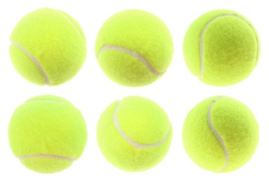 Image of Bright tennis ball isolated on white, collage