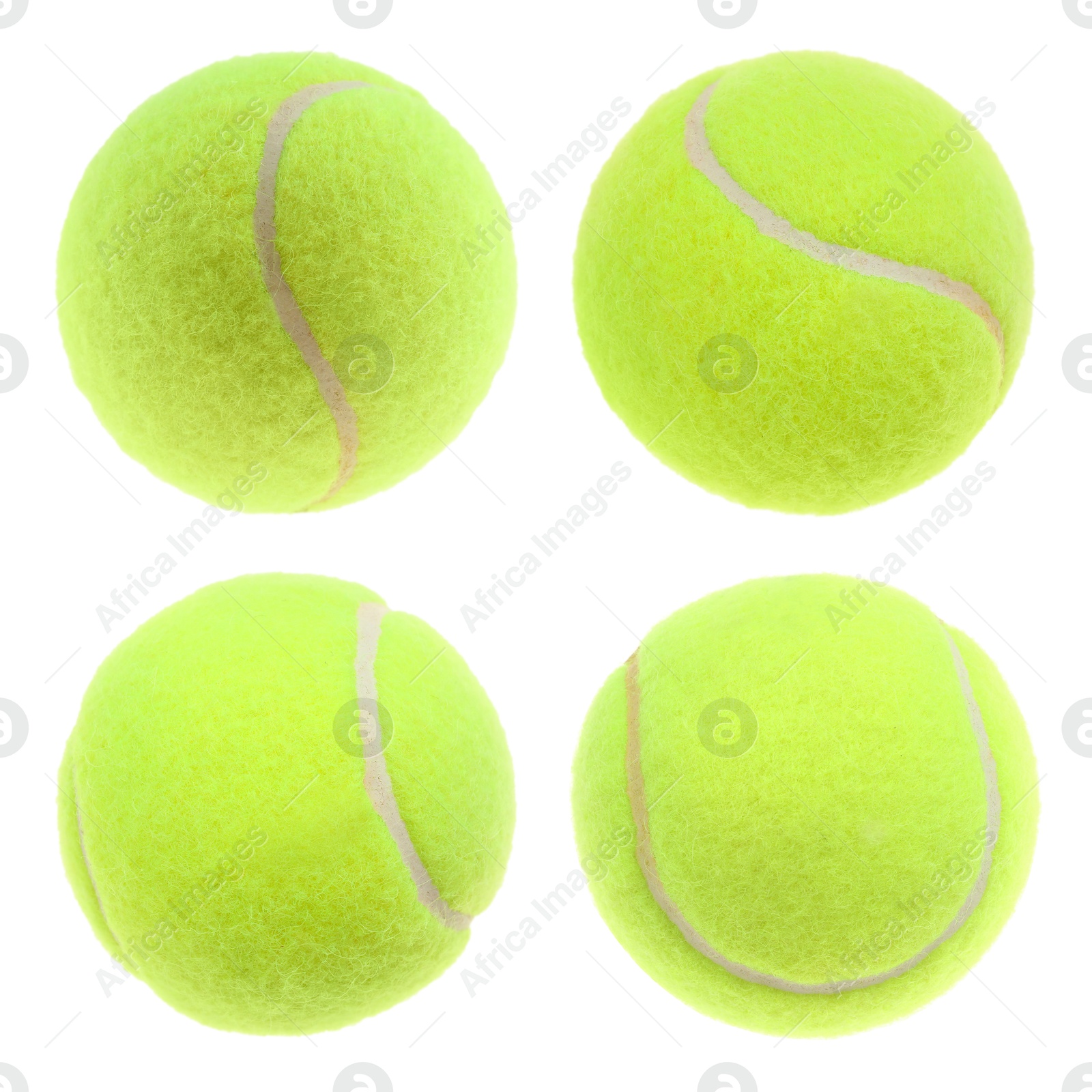 Image of Bright tennis ball isolated on white, collage