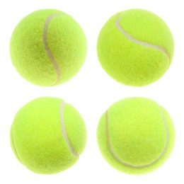 Image of Bright tennis ball isolated on white, collage