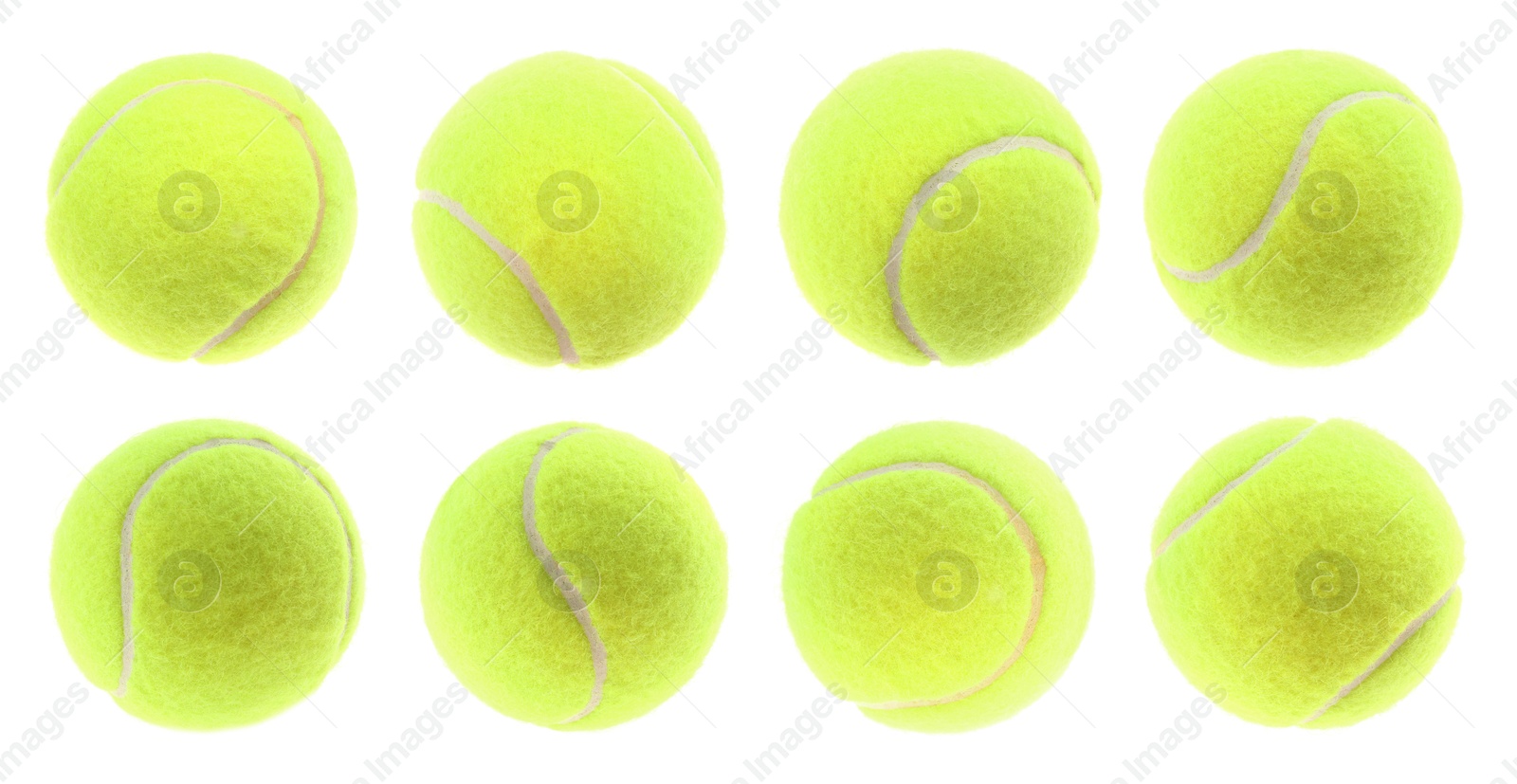 Image of Bright tennis ball isolated on white, collage