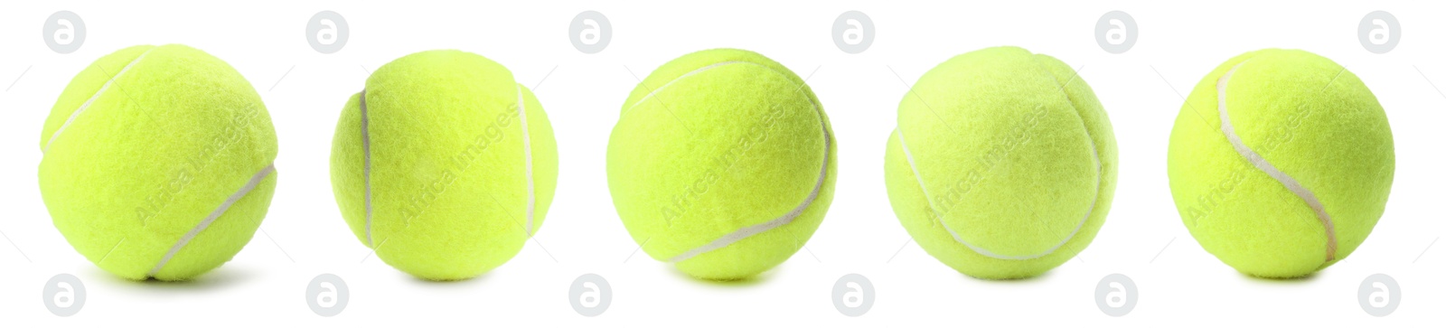 Image of Bright tennis ball isolated on white, collage