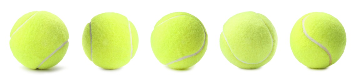 Image of Bright tennis ball isolated on white, collage