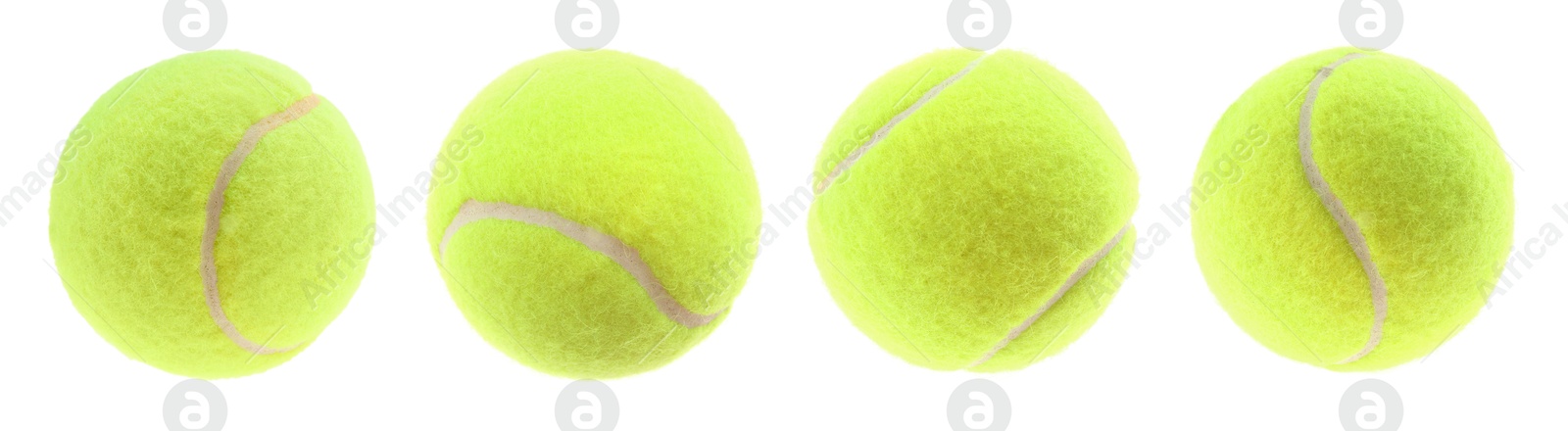 Image of Bright tennis ball isolated on white, collage