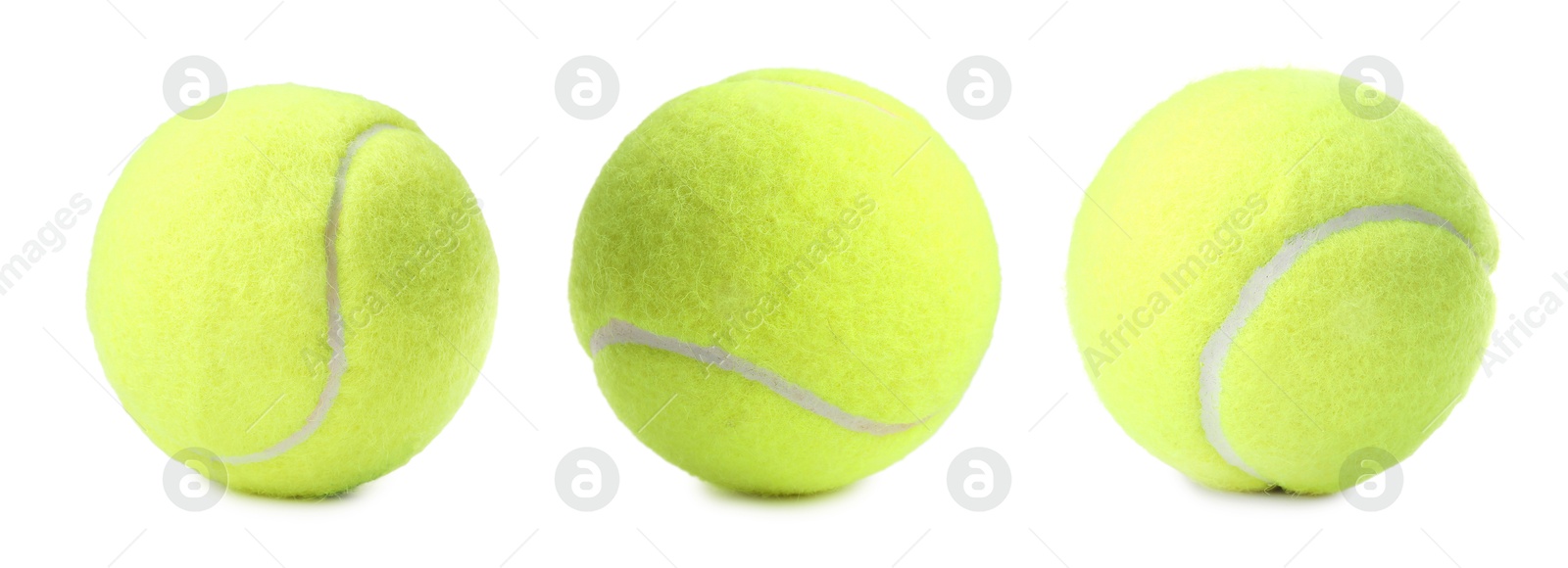 Image of Bright tennis ball isolated on white, collage