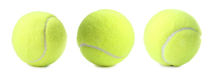 Image of Bright tennis ball isolated on white, collage