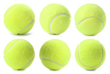 Image of Bright tennis ball isolated on white, collage