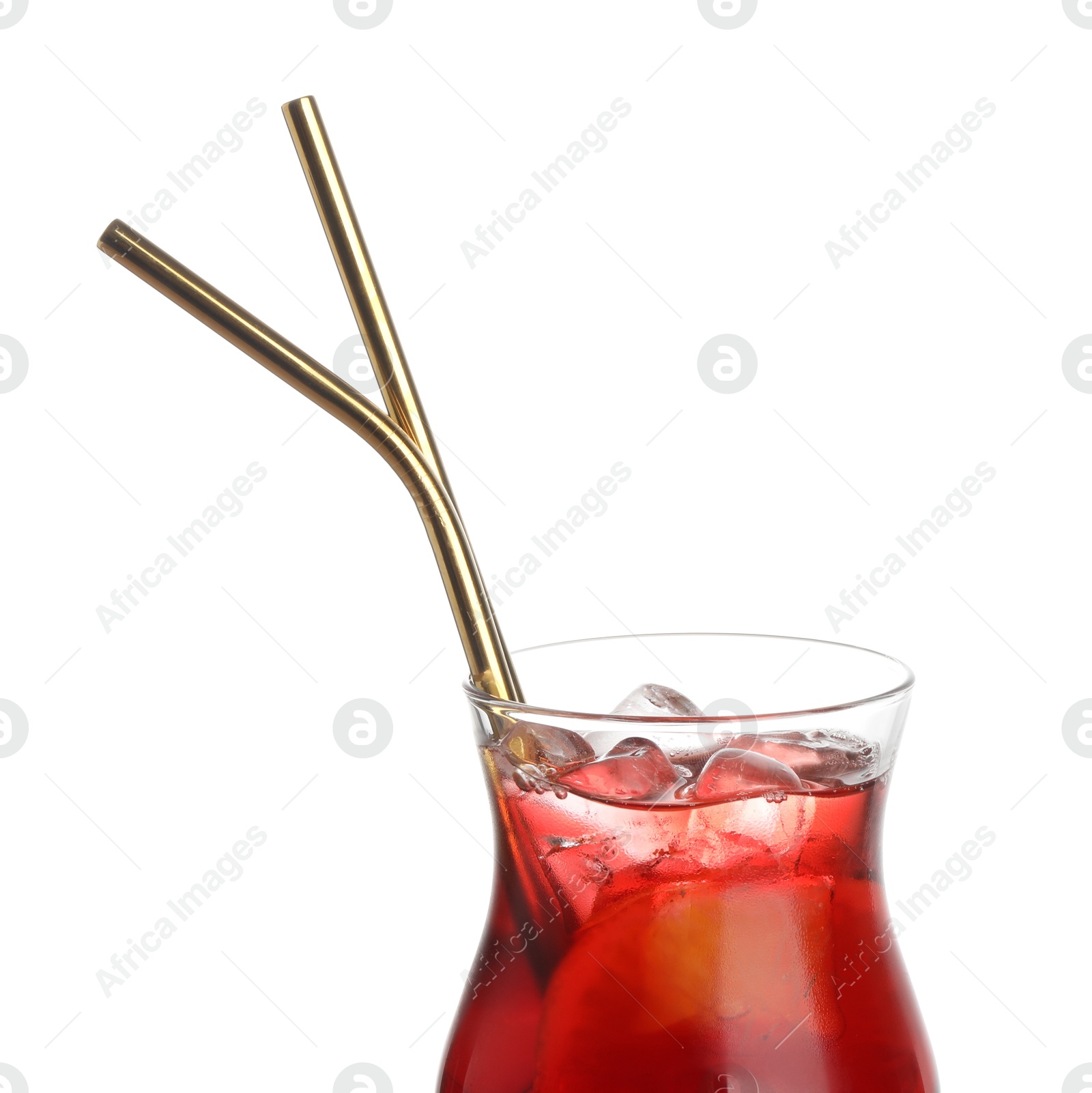 Photo of Glass of tasty refreshing drink and straws isolated on white