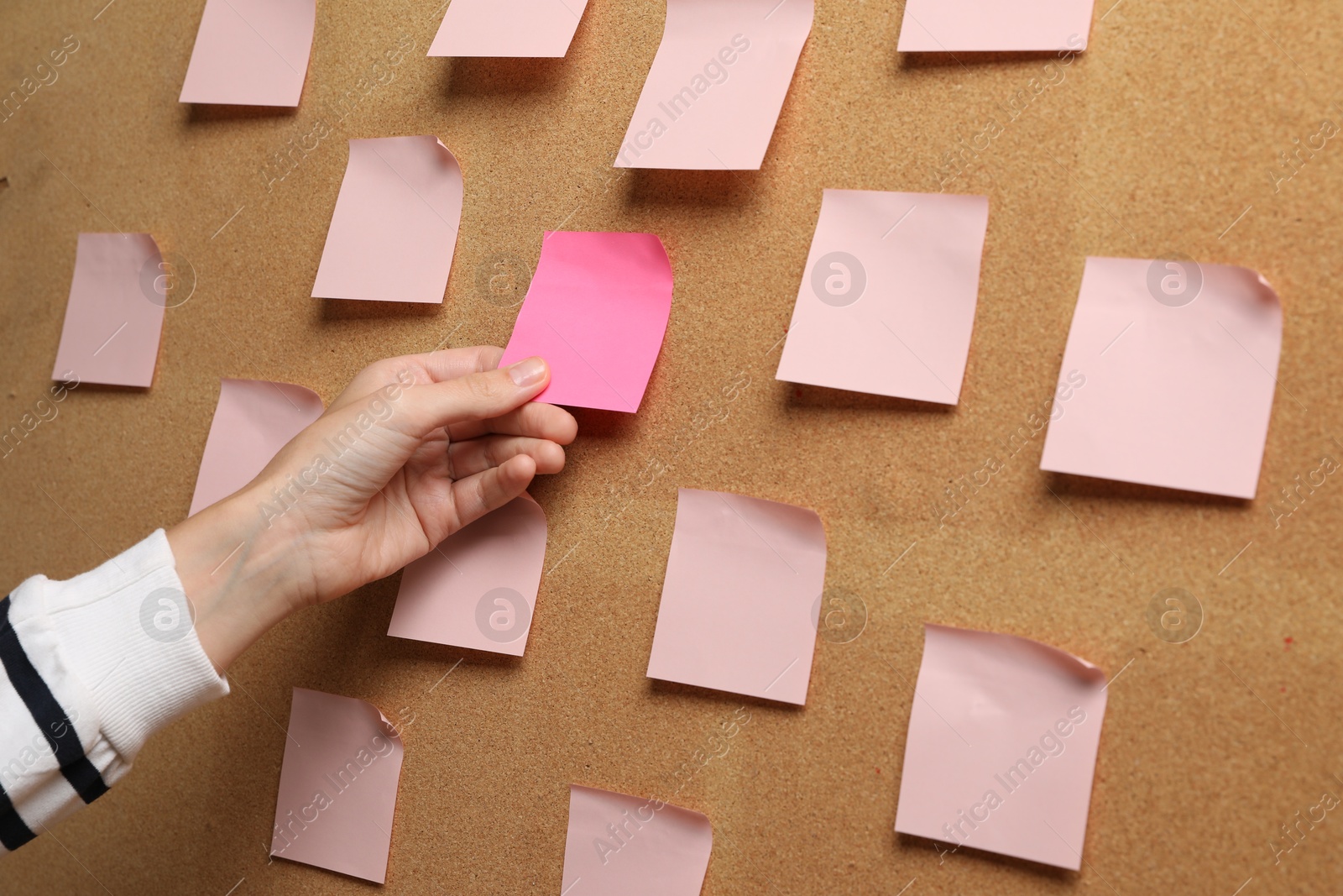 Photo of Woman taking empty paper note from cork board, closeup