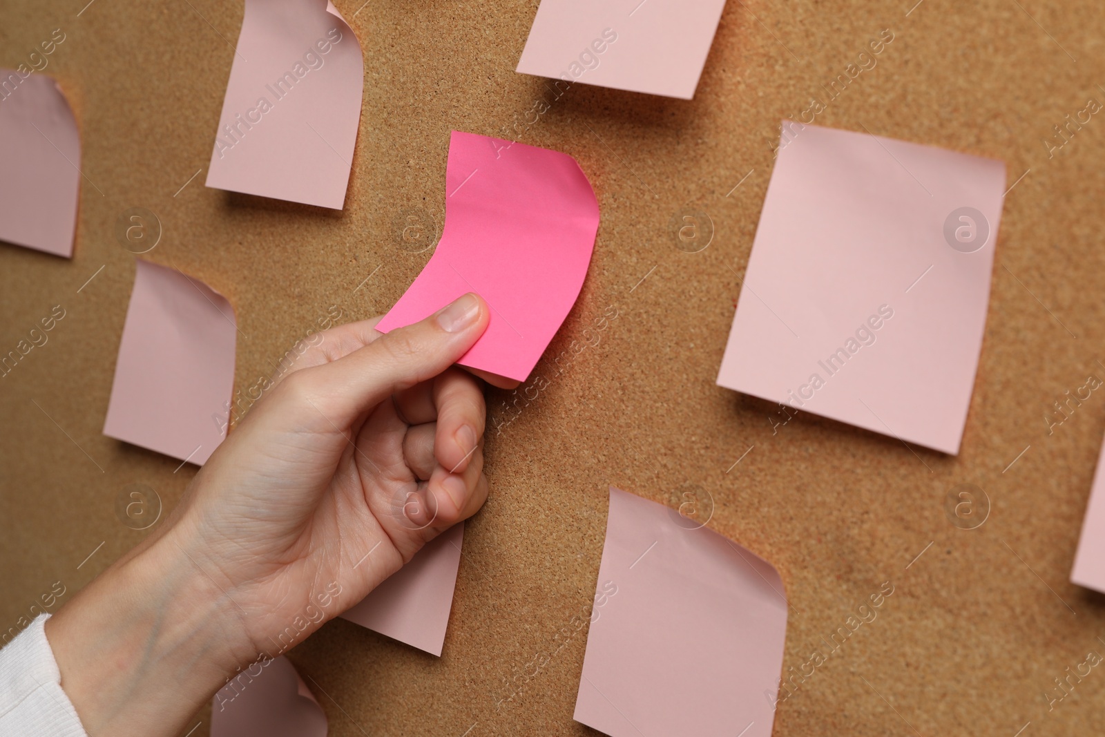 Photo of Woman taking empty paper note from cork board, closeup