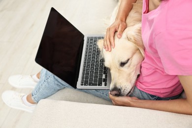 Online pet shop. Woman with laptop making order for cute Golden Retriever dog at home, closeup