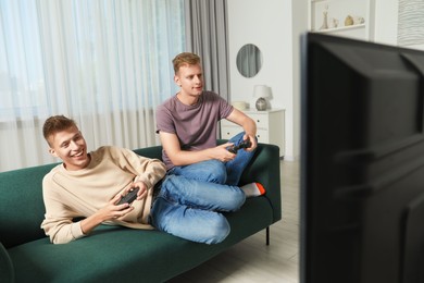 Happy brothers playing video game on sofa at home