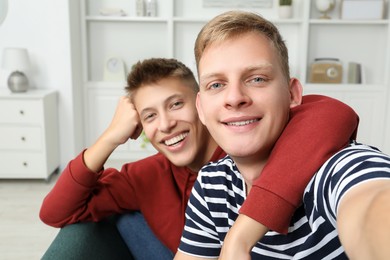 Two happy brothers taking selfie at home