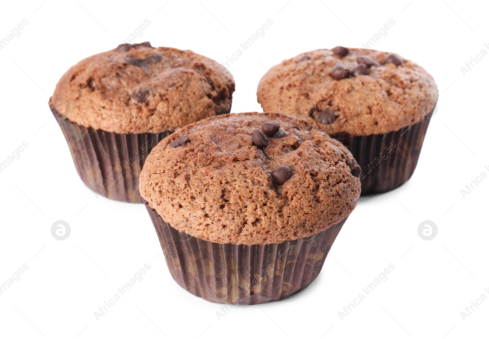 Photo of Delicious sweet muffins with chocolate chips isolated on white