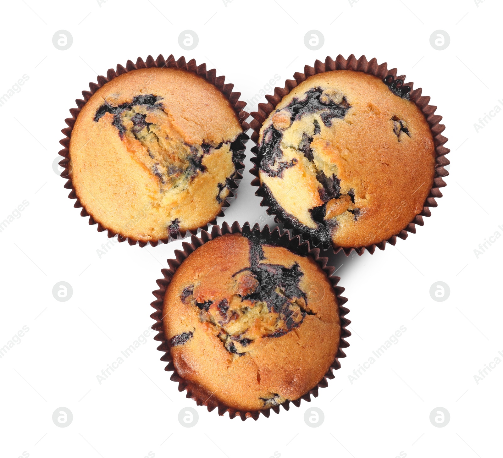 Photo of Delicious sweet muffins with blueberries isolated on white, top view