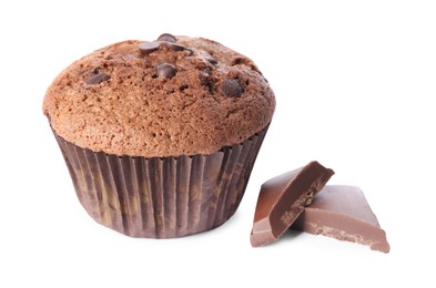 Photo of Delicious sweet muffin with chocolate chips isolated on white