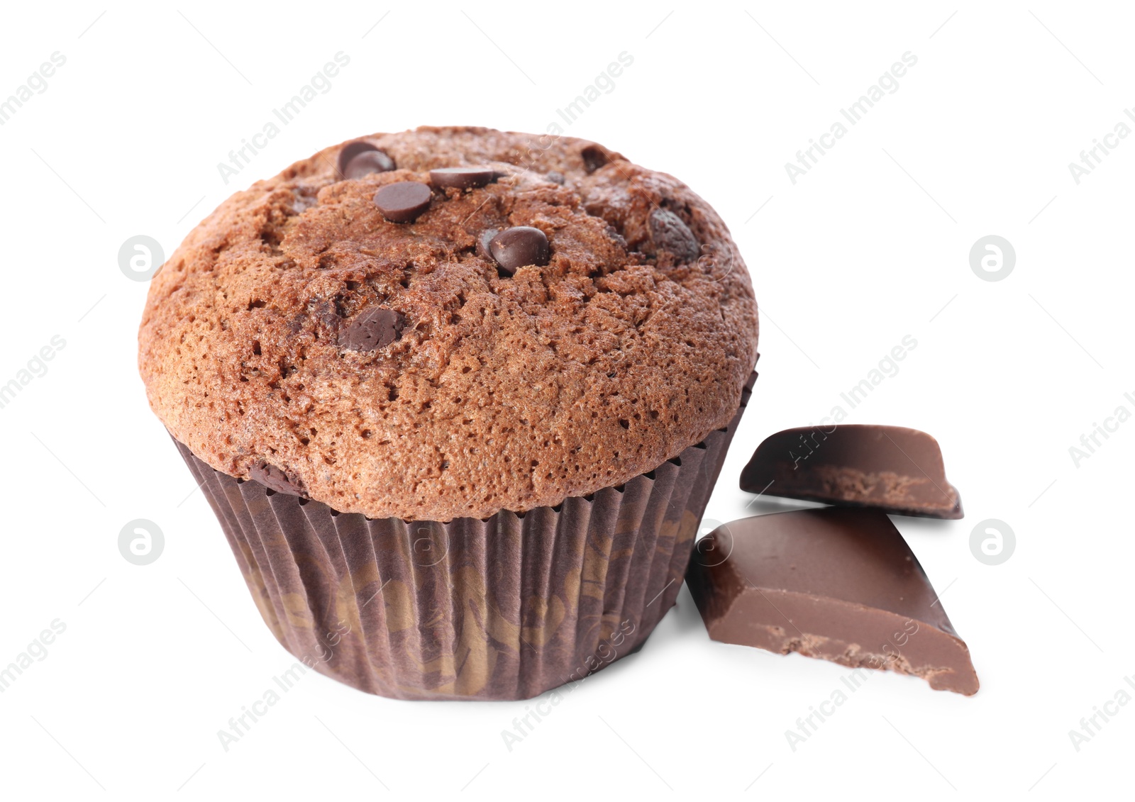 Photo of Delicious sweet muffin with chocolate chips isolated on white