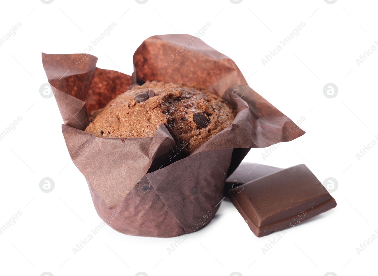 Photo of Delicious sweet muffin with chocolate chips isolated on white