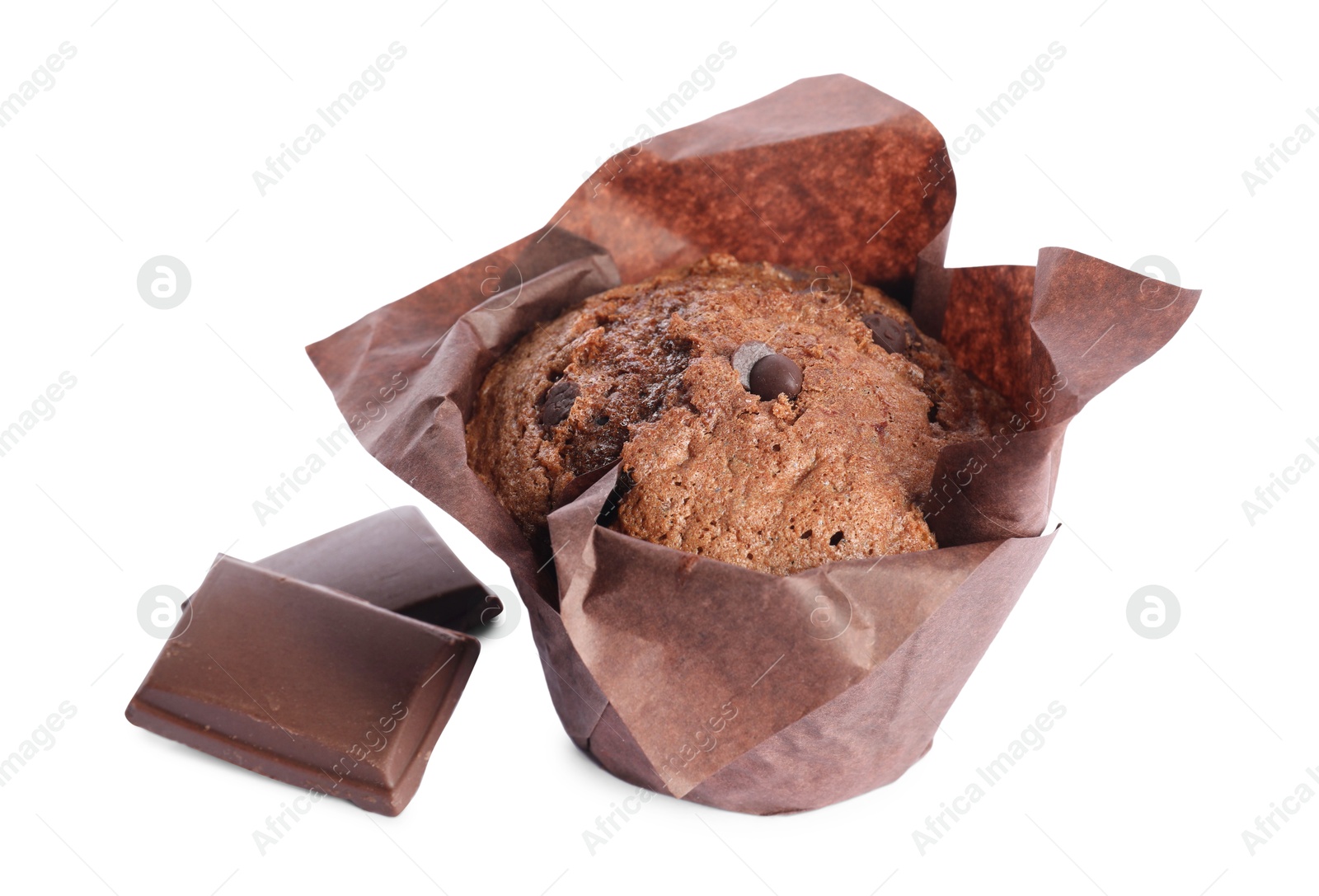 Photo of Delicious sweet muffin with chocolate chips isolated on white