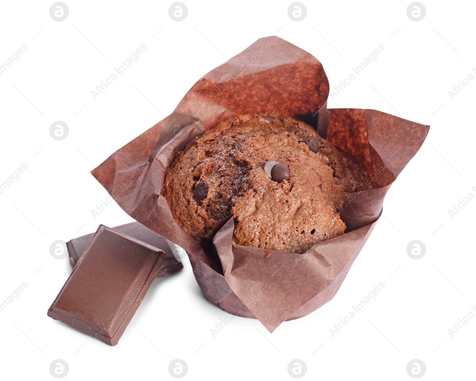 Photo of Delicious sweet muffin with chocolate chips isolated on white