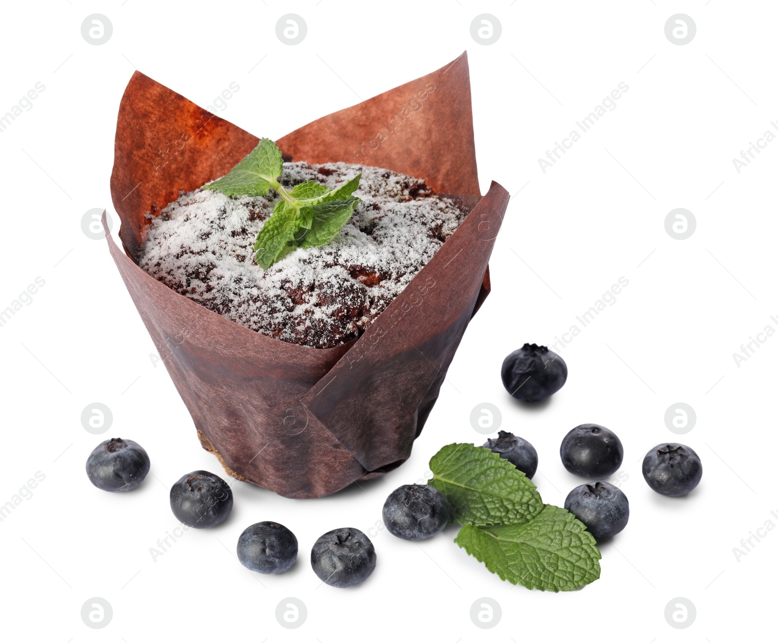 Photo of Delicious sweet muffin with powdered sugar, mint and blueberries isolated on white