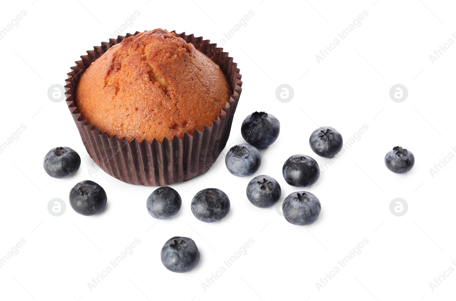 Photo of Delicious sweet muffin and blueberries isolated on white