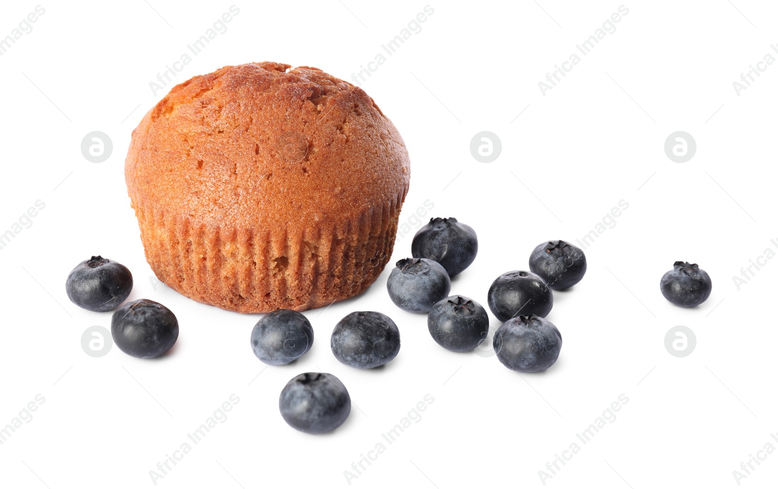 Photo of Delicious sweet muffin and blueberries isolated on white