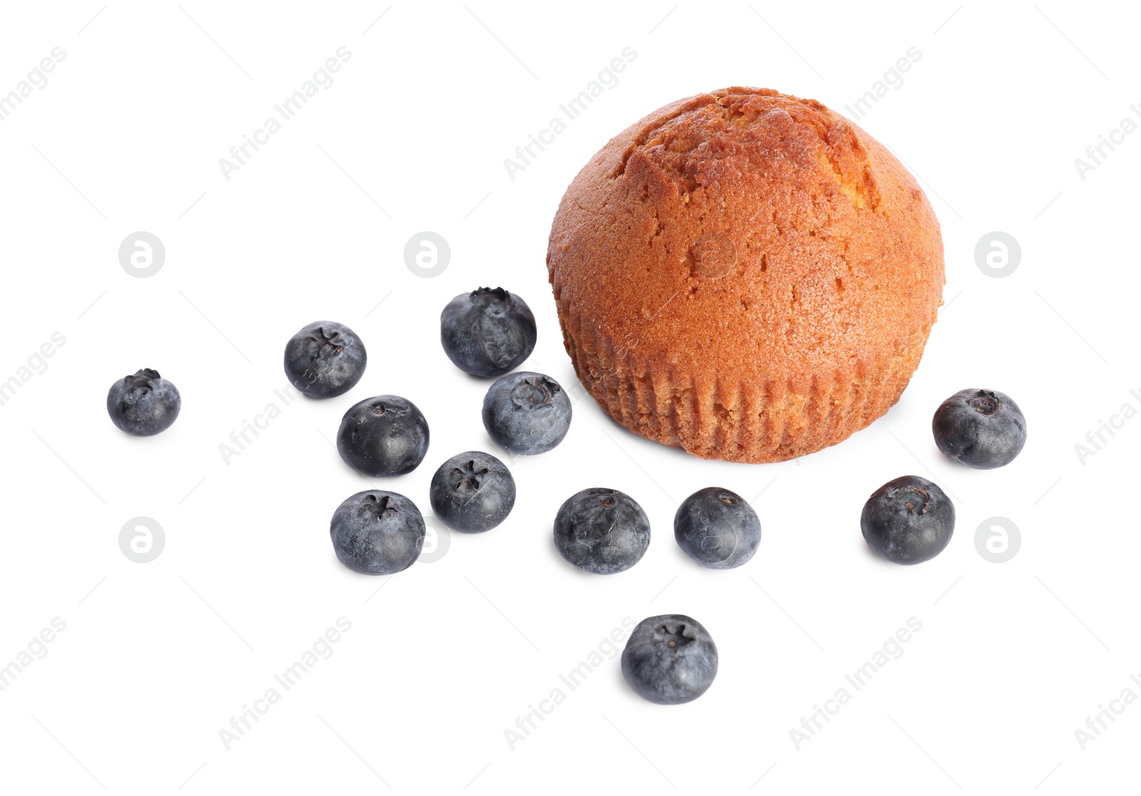 Photo of Delicious sweet muffin and blueberries isolated on white