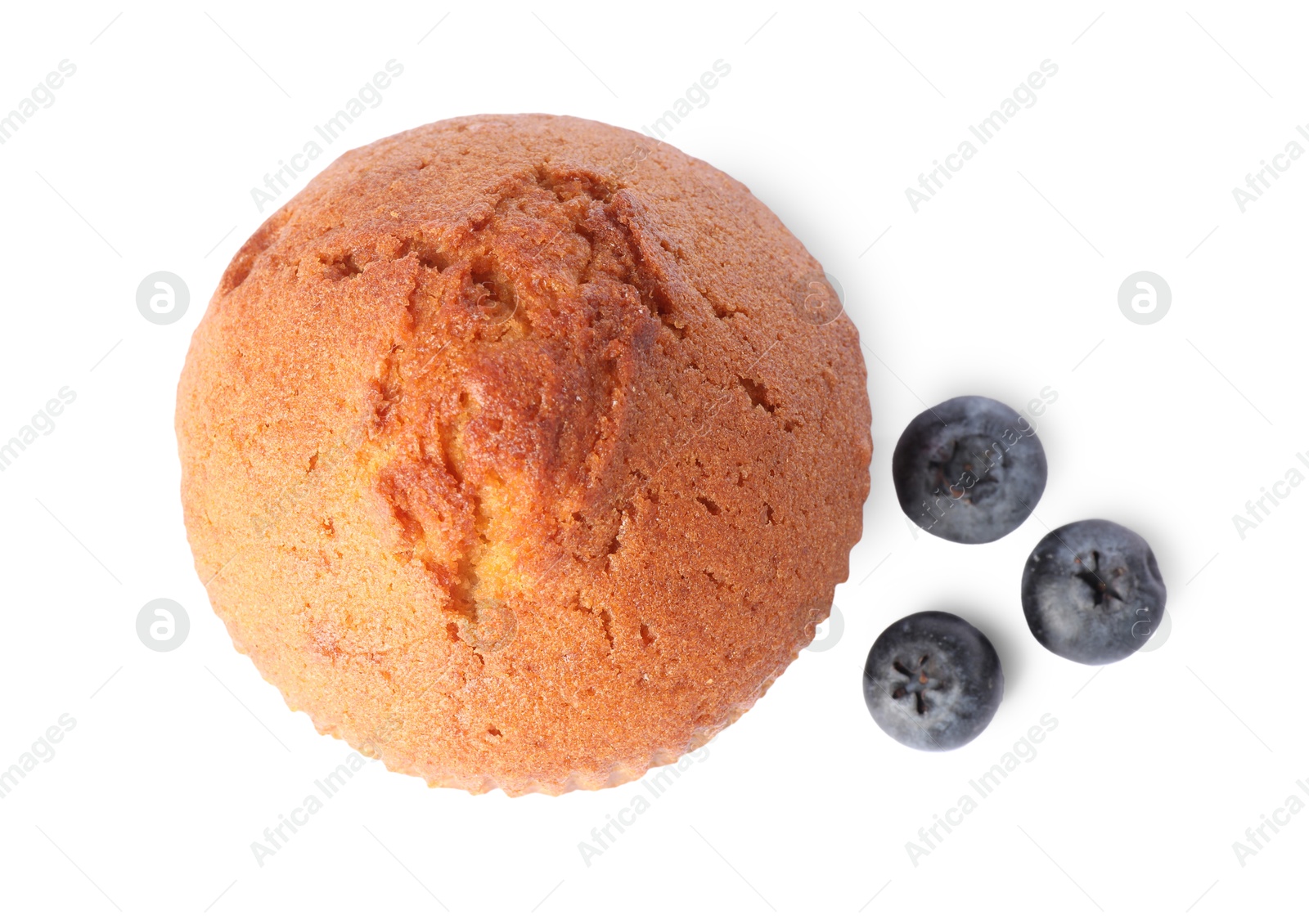 Photo of Delicious sweet muffin and blueberries isolated on white, top view