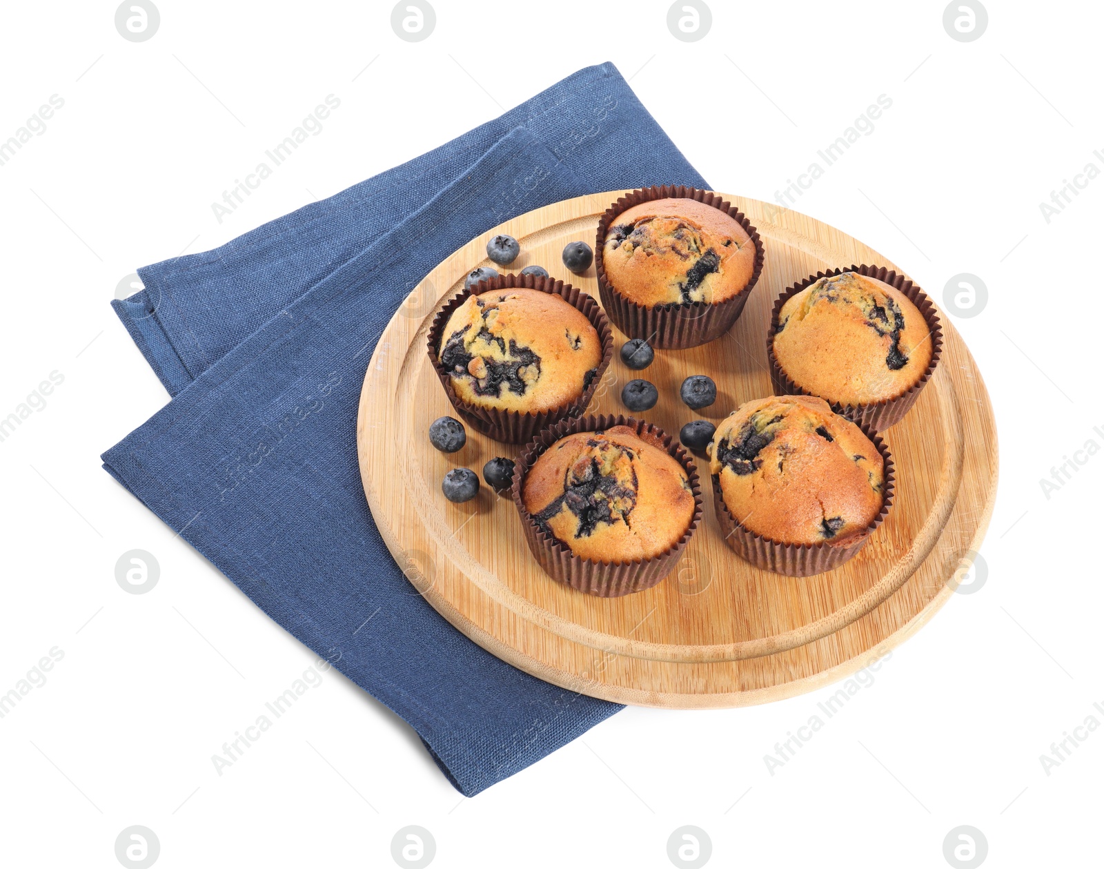 Photo of Delicious sweet muffins with blueberries isolated on white