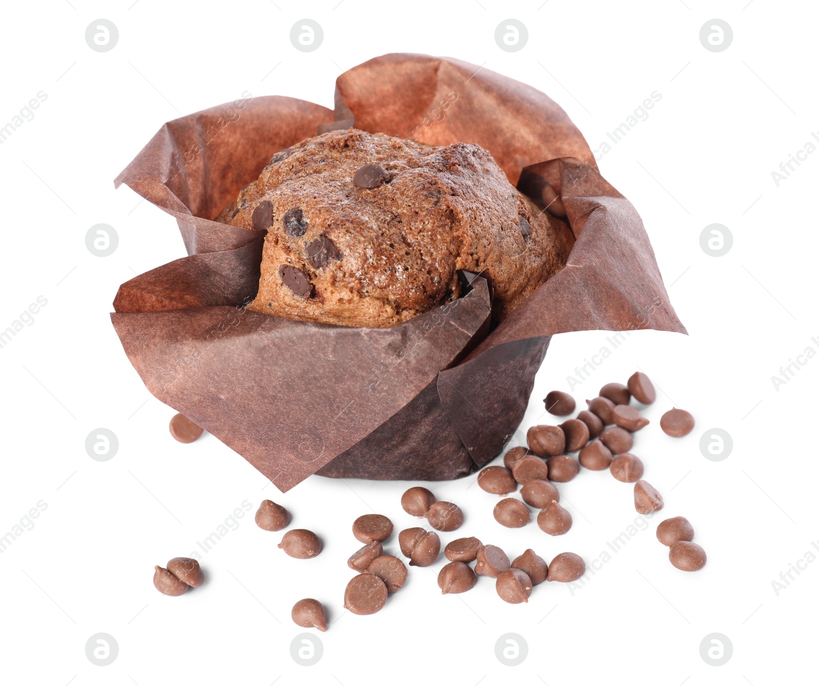 Photo of Delicious sweet muffin with chocolate chips isolated on white