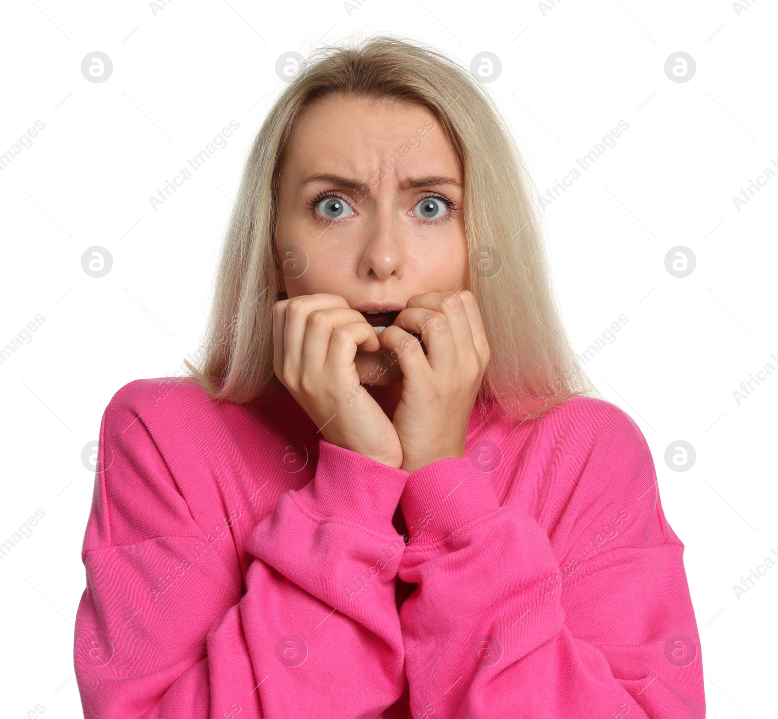 Photo of Portrait of scared woman on white background