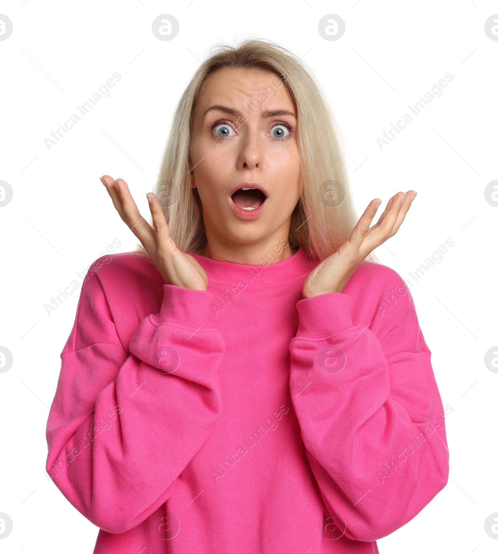 Photo of Portrait of scared woman on white background