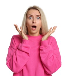 Portrait of scared woman on white background