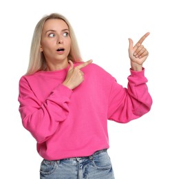 Photo of Portrait of scared woman on white background