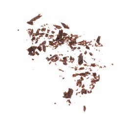 Photo of Many crushed chocolate pieces isolated on white