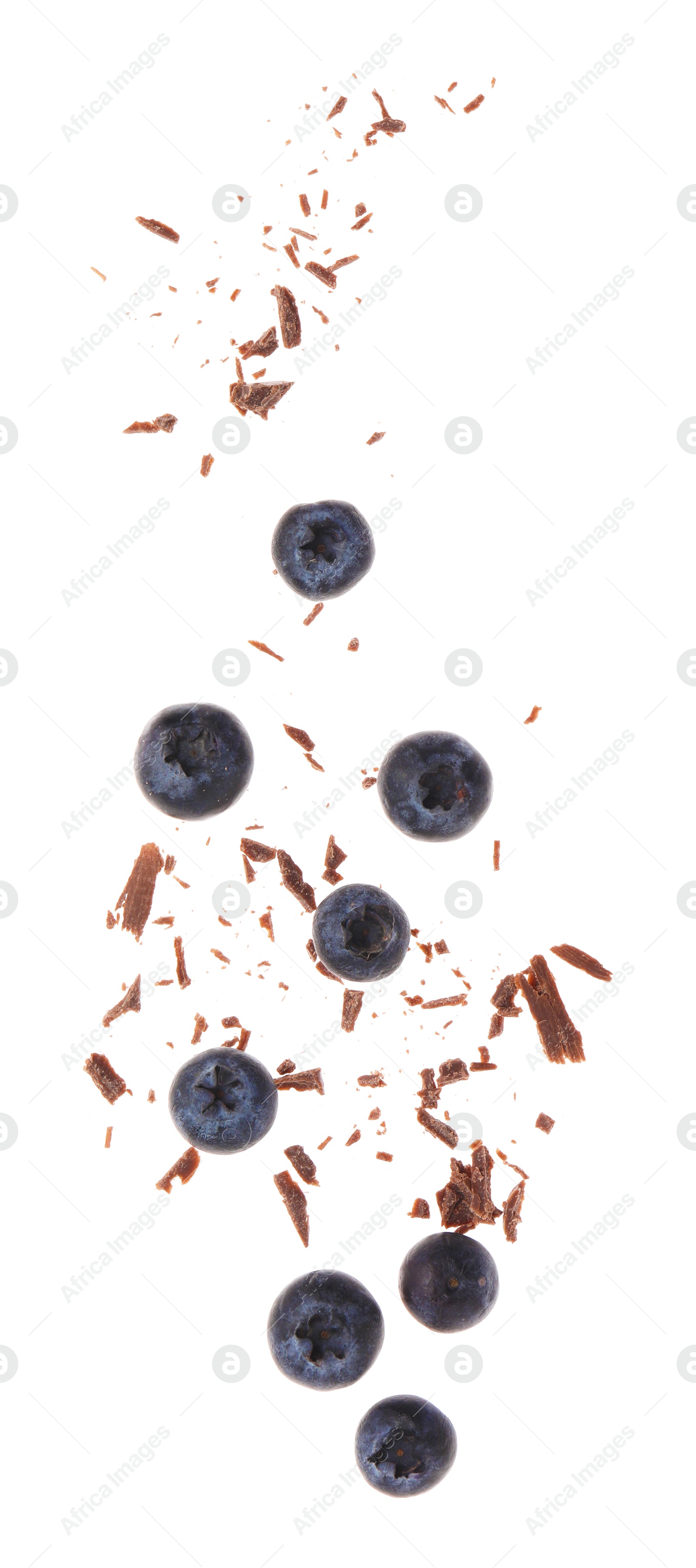 Photo of Fresh blueberries and crushed chocolate pieces isolated on white