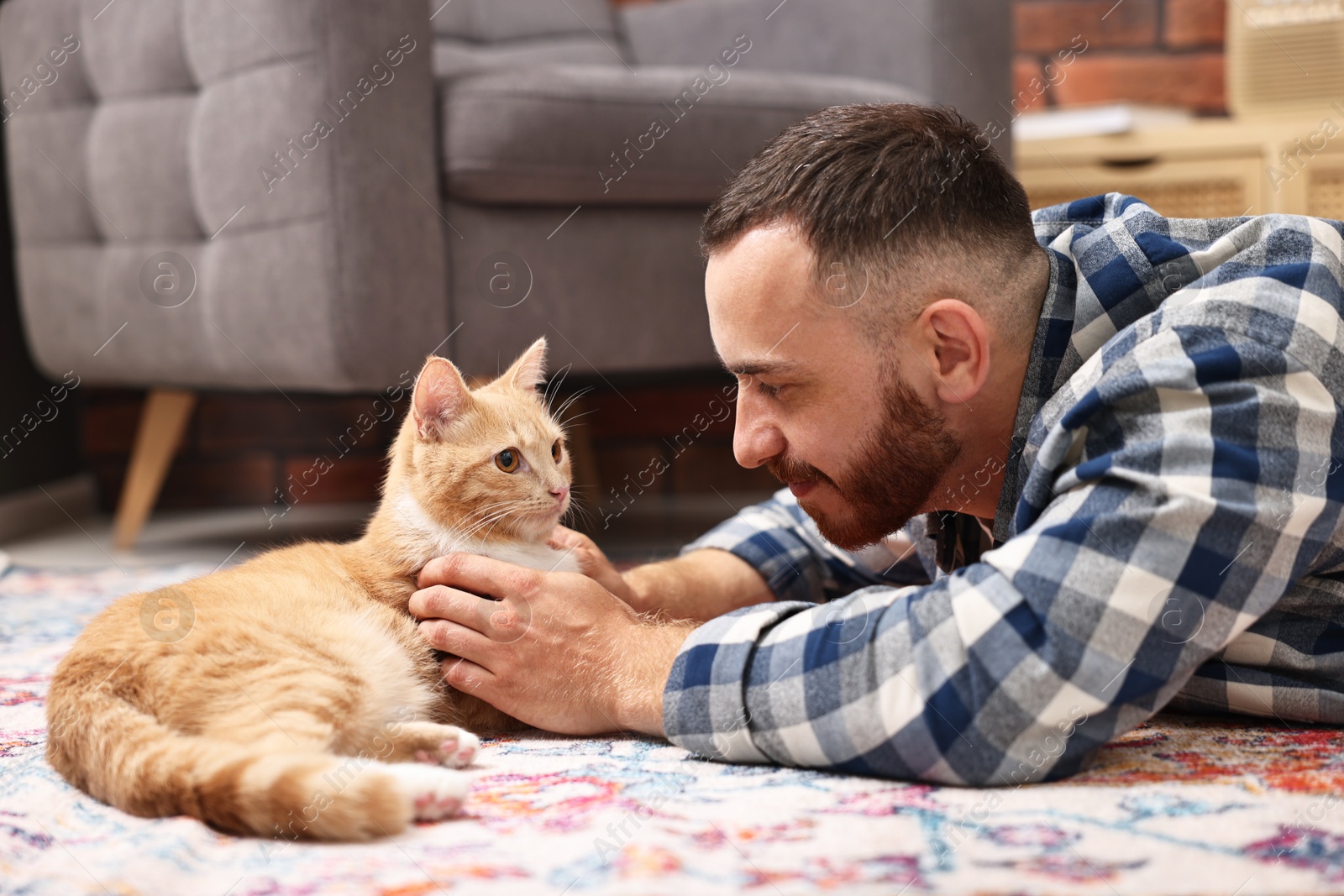 Photo of Man petting cute ginger cat on floor at home