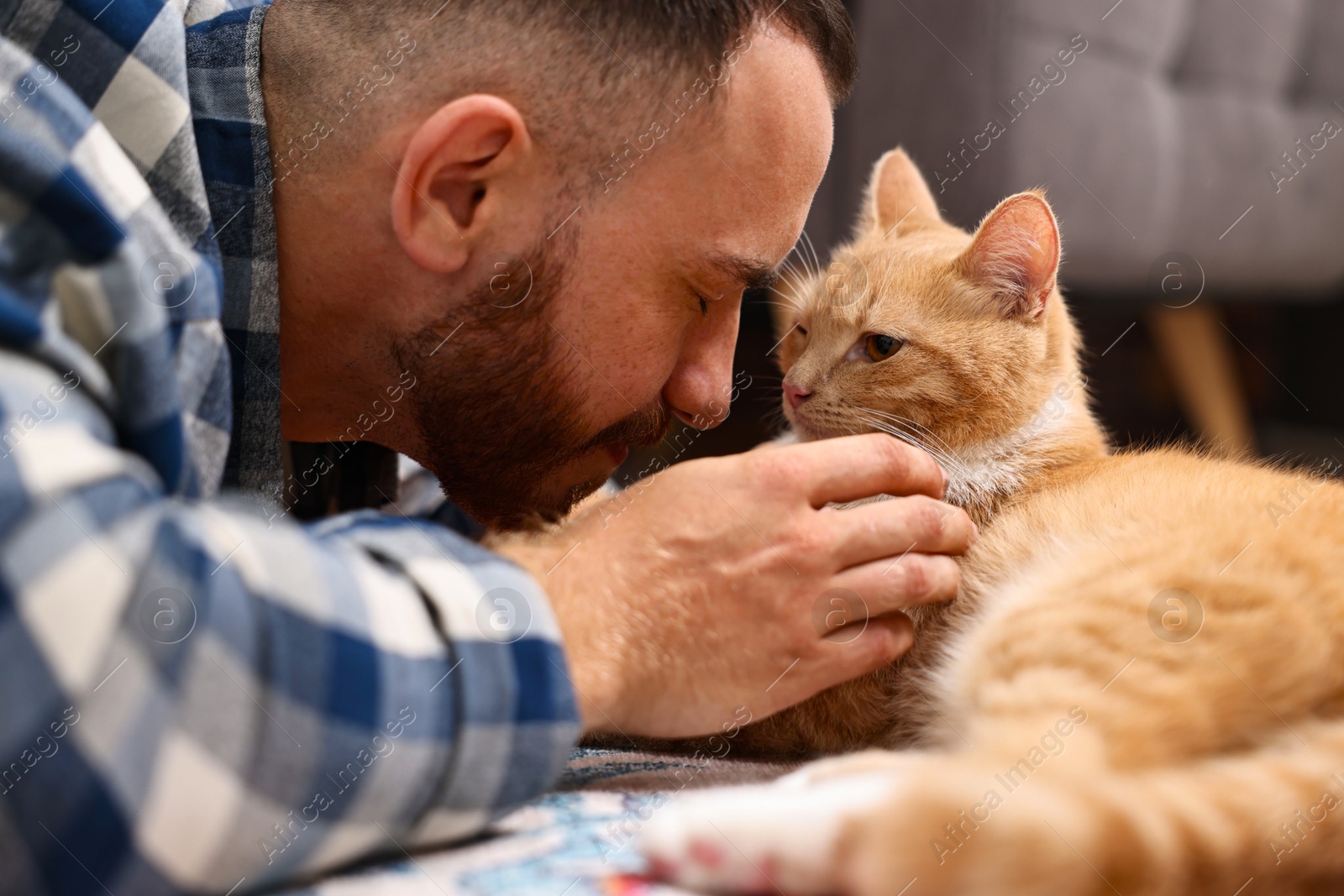 Photo of Man petting cute ginger cat on floor at home