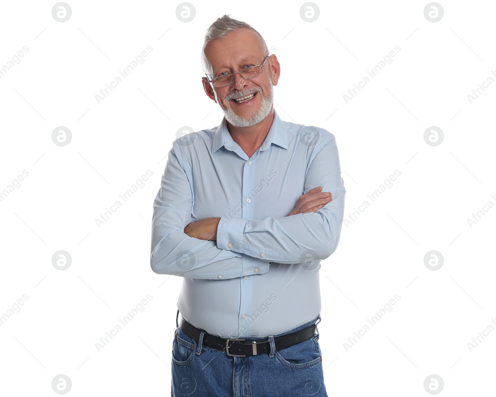 Photo of Smiling senior man with crossed arms on white background