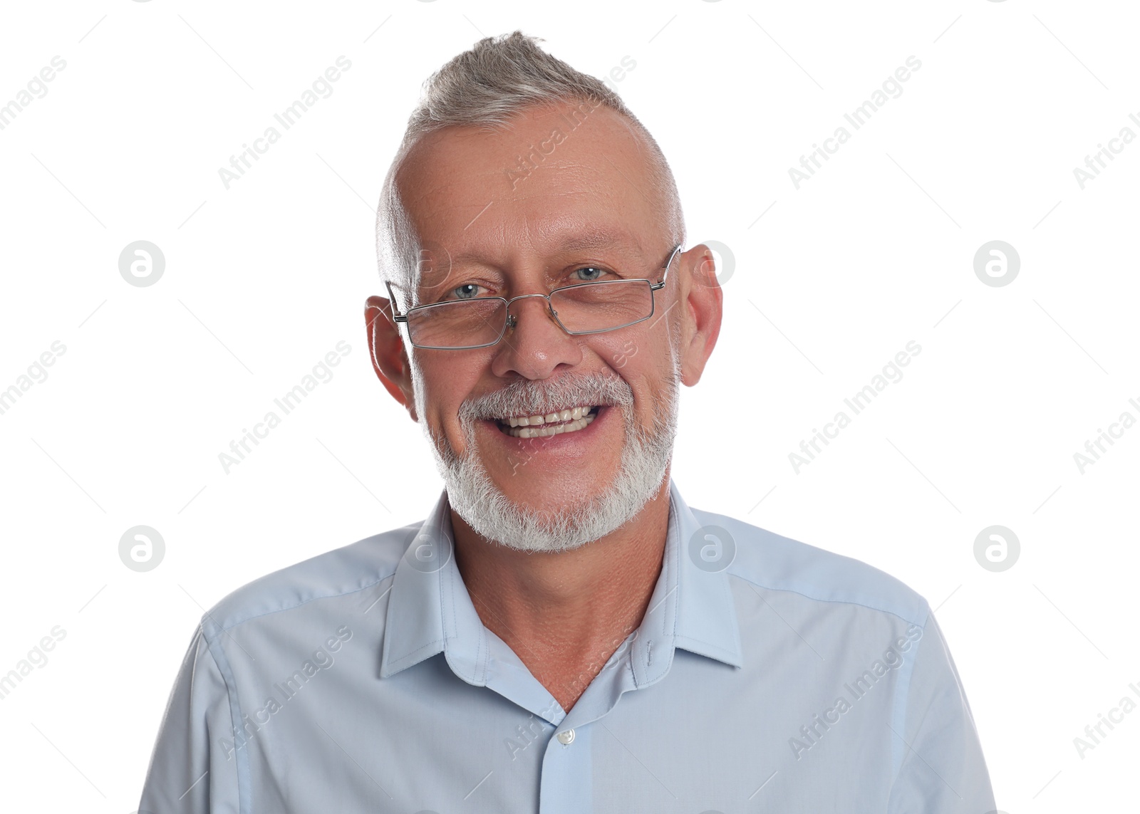 Photo of Portrait of smiling senior man on white background