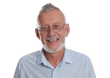 Portrait of smiling senior man on white background