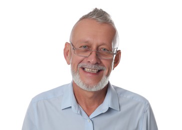 Photo of Portrait of smiling senior man on white background