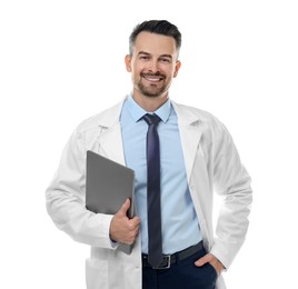 Smiling doctor with laptop isolated on white