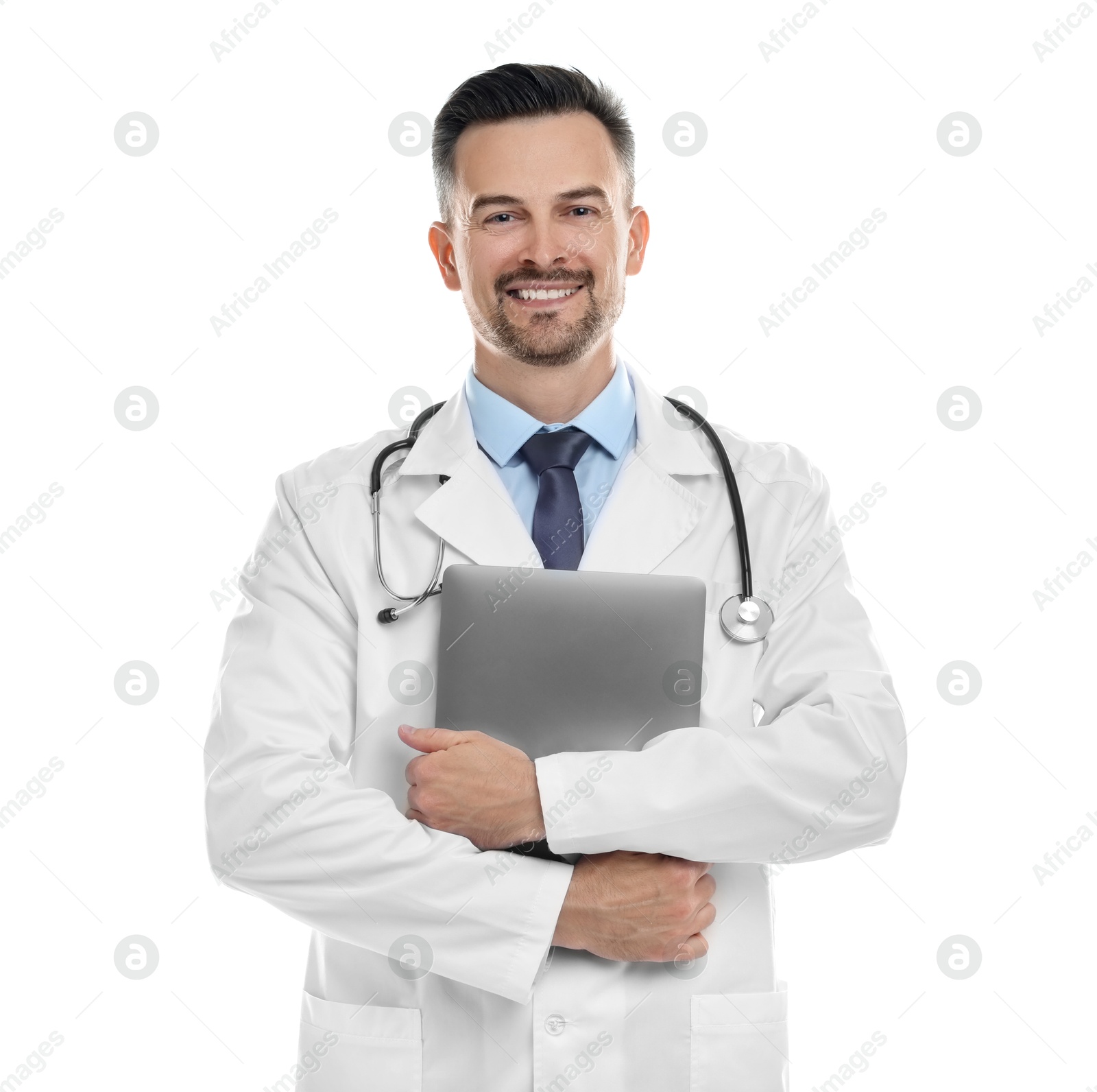 Photo of Smiling doctor with stethoscope and laptop isolated on white