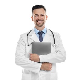 Smiling doctor with stethoscope and laptop isolated on white